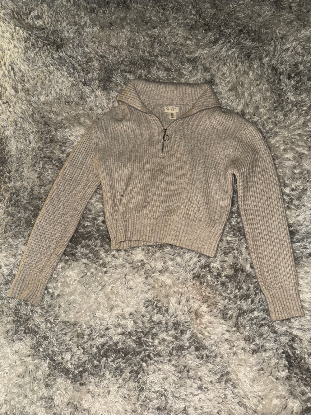 Jessica Simpson Taupe Ribbed Quarter-Zip Cropped Sweater